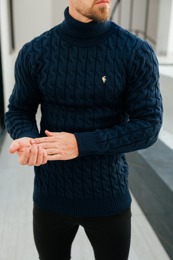 Navyblauer Rollkragenpullover aus Link Weave-Strick von Father Sons – FSJ103 (VORBESTELLUNG 12. NOVEMBER)