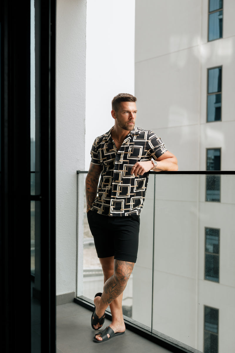 Father Sons Hawaiian Boxy Black / Cream Interlinked Square Print Stretch with Revere Collar Short Sleeve - FS997