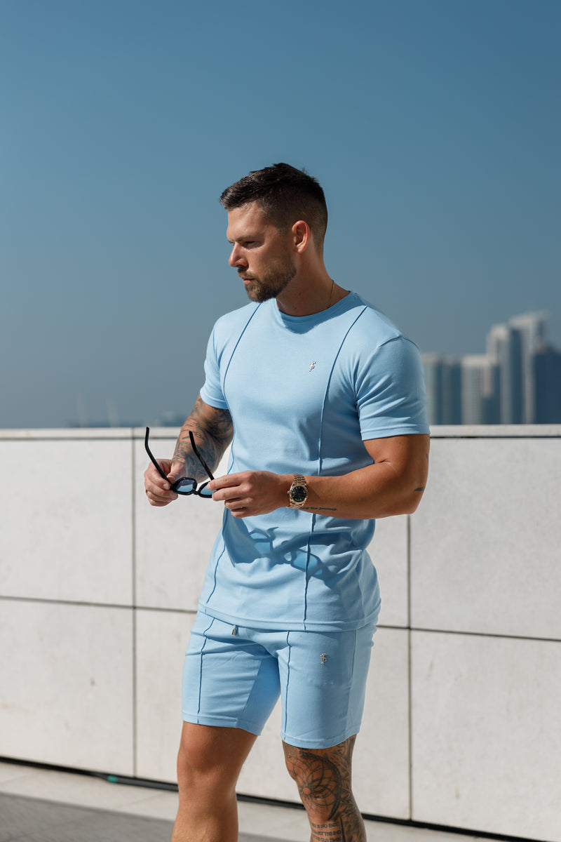Hellblaues/silbernes Rundhals-T-Shirt mit Biesendetail für Vater und Sohn – FSH1051