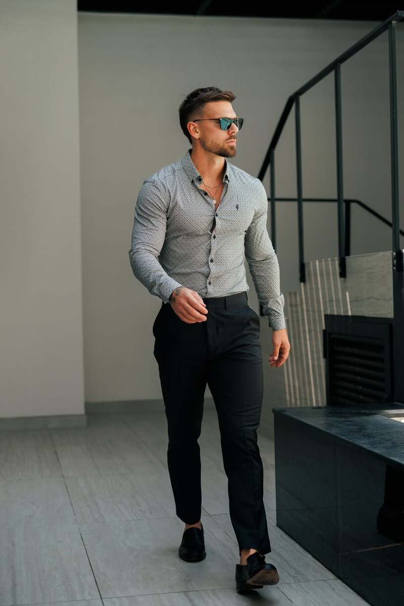 Vater-Söhne-Shirt, superschlank, dehnbar, schwarz/weiß, langärmlig, mit Rautenmuster und Button-Down-Kragen – FS1226