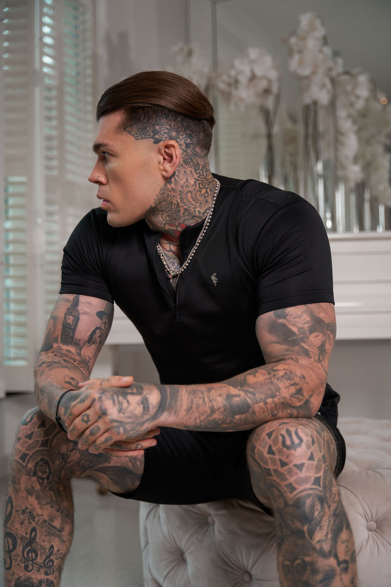 Father Sons Scuba Schwarz/Silber Crew T-Shirt mit Reißverschlussdetail, kurzärmlig – FSH1032