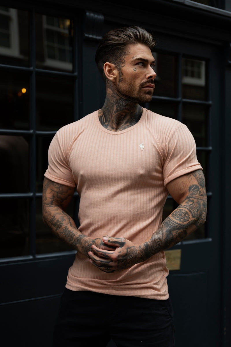 Father Sons Classic Peach / Silver Ribbed Knit Super Slim Short Sleeve Crew - FSH1093