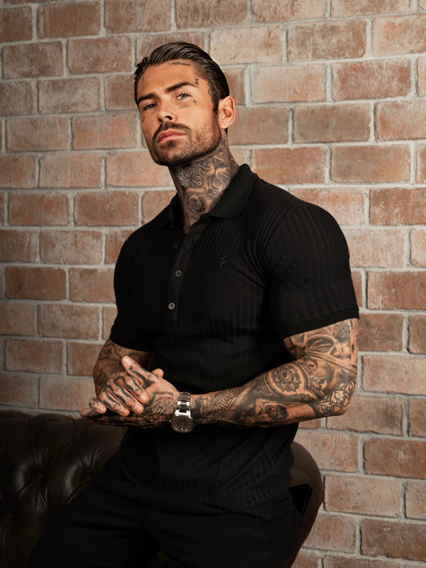 Father Sons klassisches schwarzes geripptes Poloshirt mit kurzen Ärmeln – FSH551