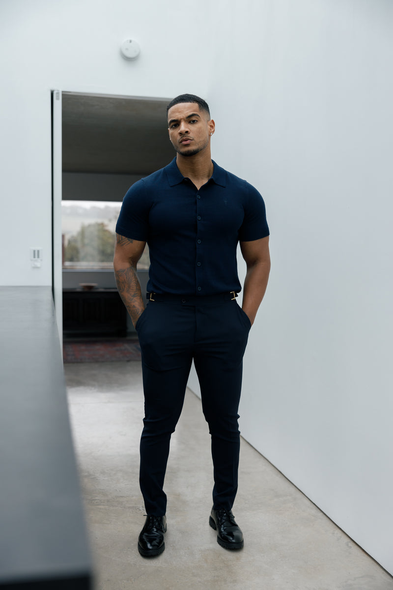 Father Sons Classic Plain Navy Knitted Button Through Polo Short Sleeve - FSN103