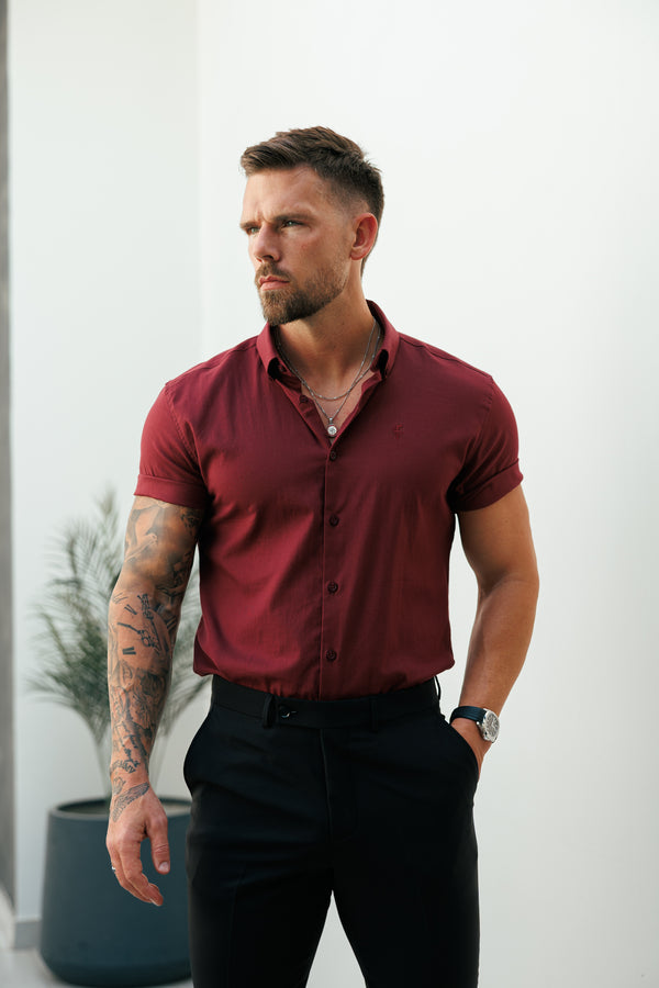 Vater-Söhne-Oxford-Hemd, klassisch, Stretch, kurzärmlig, Ochsenblut/Burgunderrot, mit Button-Down-Kragen – FS1213