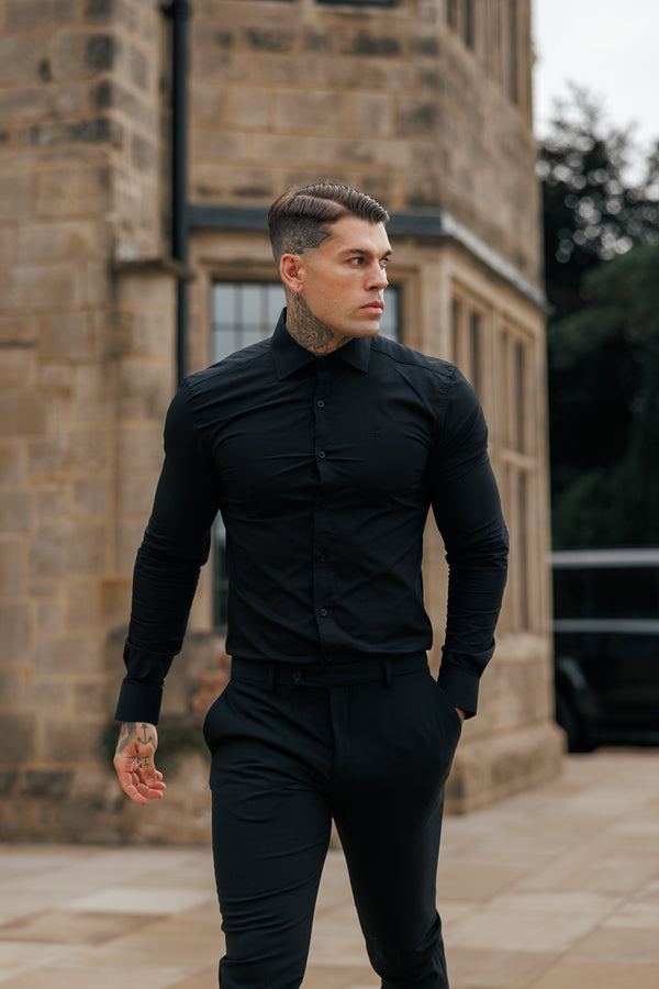 Vater-Sohn-Muscle-Fit-Hemd mit erweitertem Stretch-Haifischkragen in Schwarz – FS1164