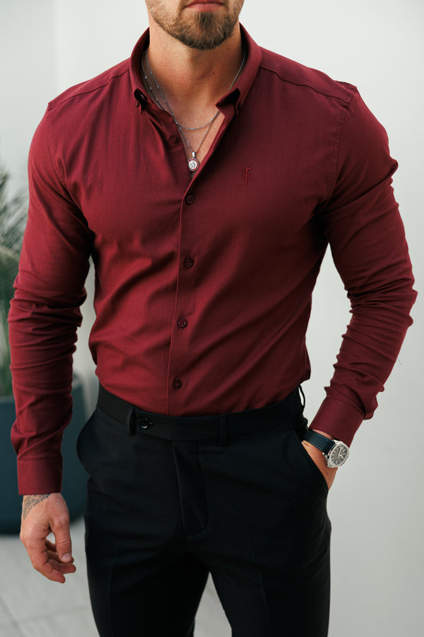 Vater-Söhne-Oxford-Langarmshirt, klassisch, Stretch, Ochsenblut/Burgunderrot, mit Button-Down-Kragen – FS1219