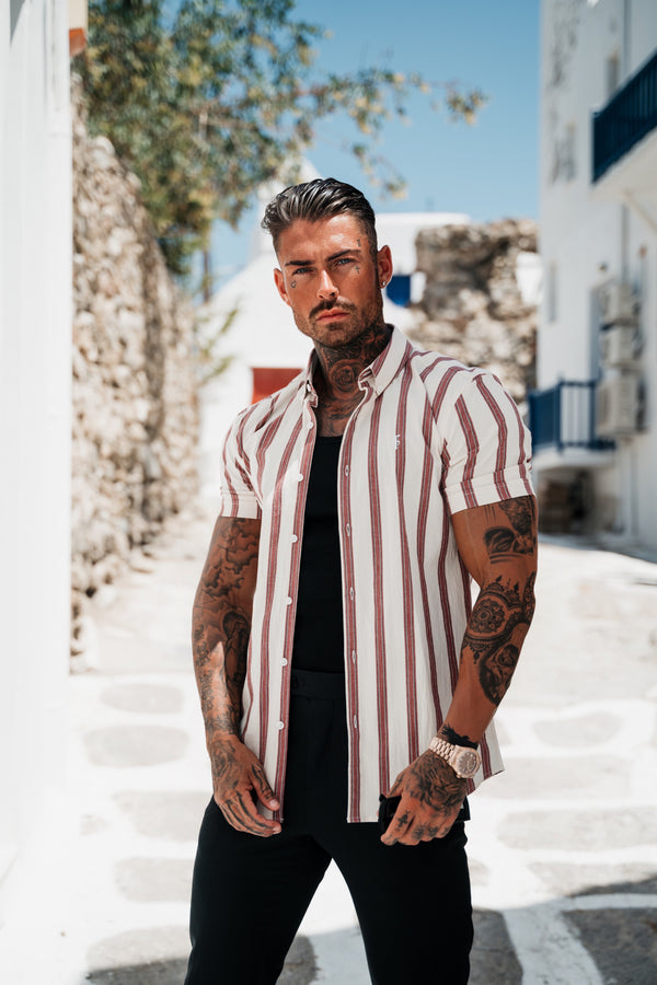 Father Sons Super Slim Stretch Off White / Burgundy Woven Stripe Short Sleeve mit Button-Down-Kragen – FS972