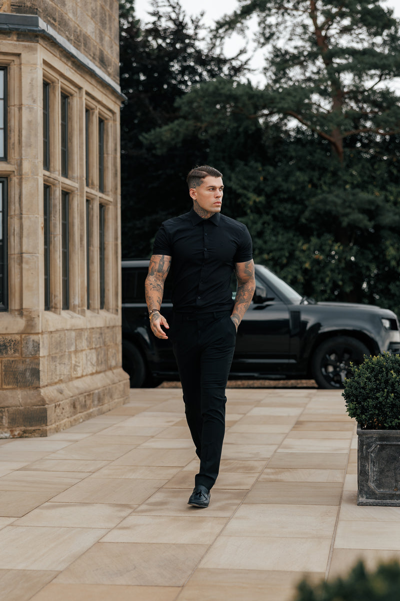 Vater-Sohn-Shirt, superschlank, Stretch, schwarz, kurzärmlig, mit Cutaway-Kragen – FS1159