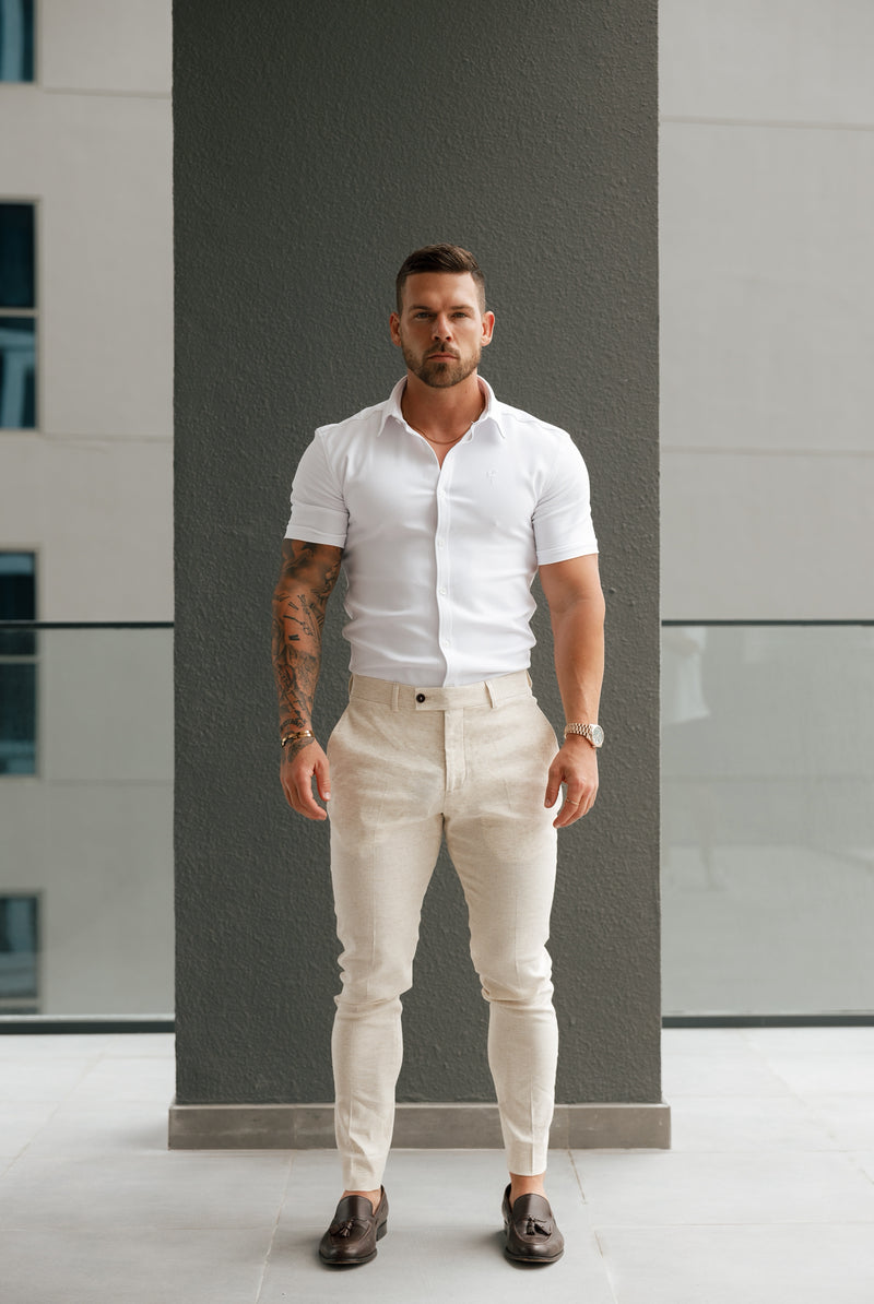 Vater-Söhne-Shirt, superschlank, Scuba, weiß, kurzärmlig, Stretch, mit Cutaway-Kragen – FS1143