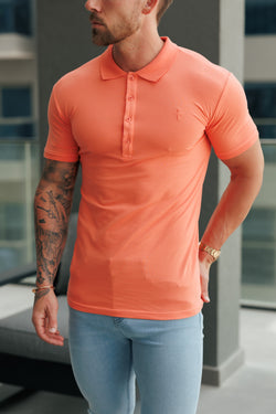 Klassisches Lachs-Poloshirt für Vater und Sohn mit farblich abgestimmten Knöpfen und Stickereien – FSH1271
