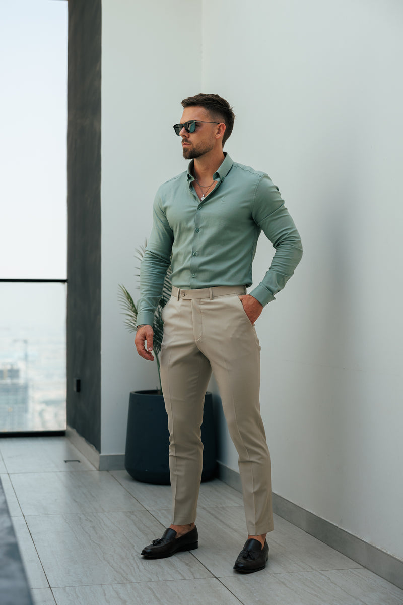 Vater-Söhne-Oxford-Langarmhemd, klassisches Stretch-Rauchgrün mit Button-Down-Kragen – FS1217