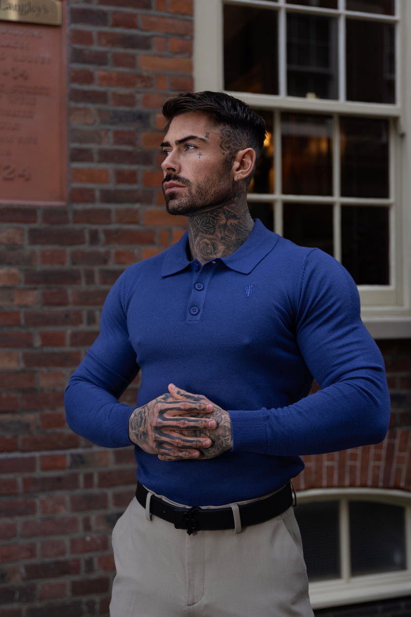 Father Sons Classic Ocean Blue Knitted Polo Jumper Long Sleeve With Tonal FS Embroidery- FSN140