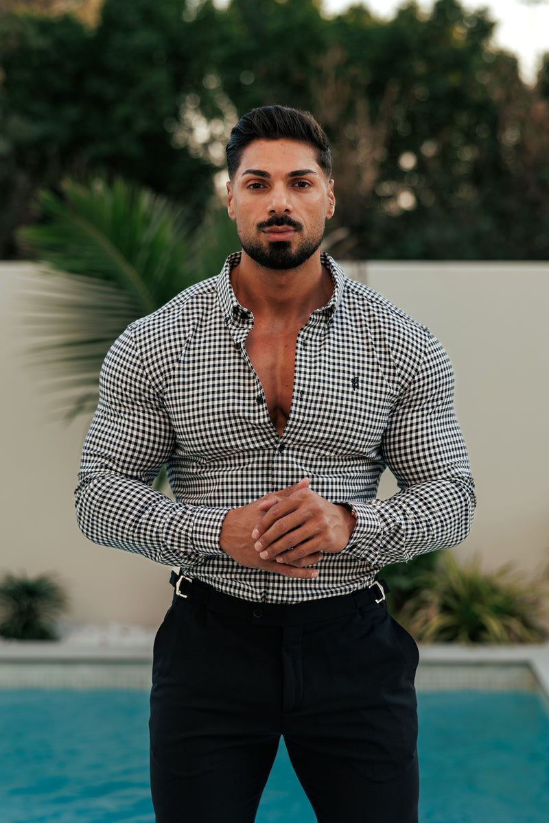 FS Super Slim Stretch Weiß / Schwarz Karo Langarm mit Knopfleiste - FS1069