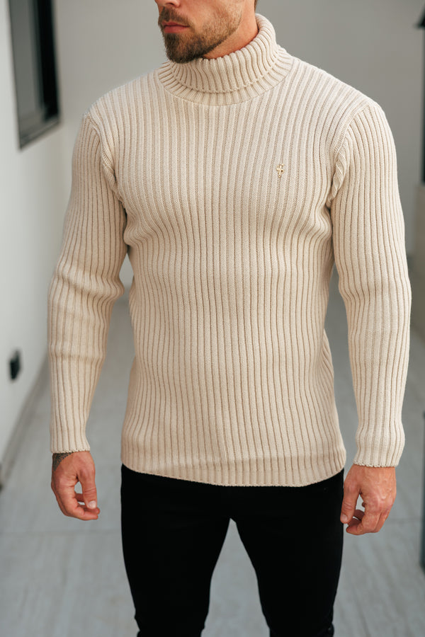 Beigefarbener Rollkragenpullover aus Rippstrick für Vater und Sohn – FSJ112 (VORBESTELLUNG 12. NOVEMBER)