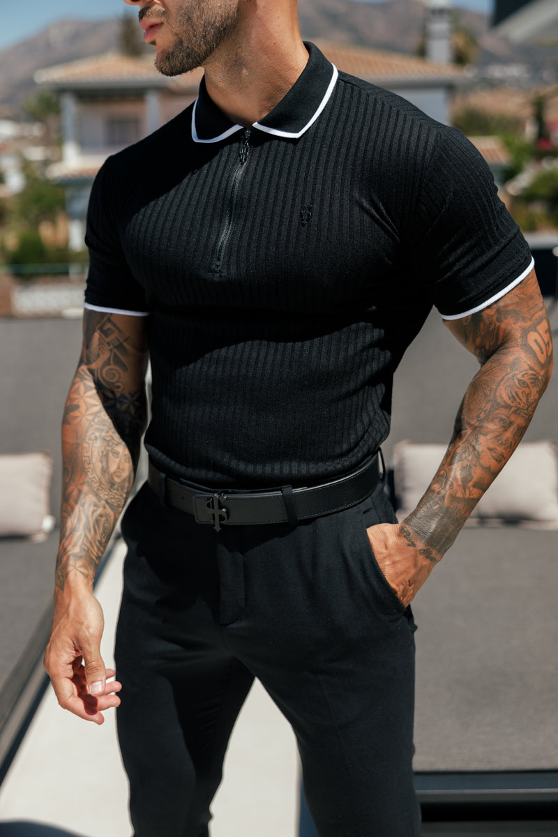 Father Sons klassisches schwarzes geripptes Poloshirt mit Reißverschluss und kontrastierenden kurzen Ärmeln – FSH1103 