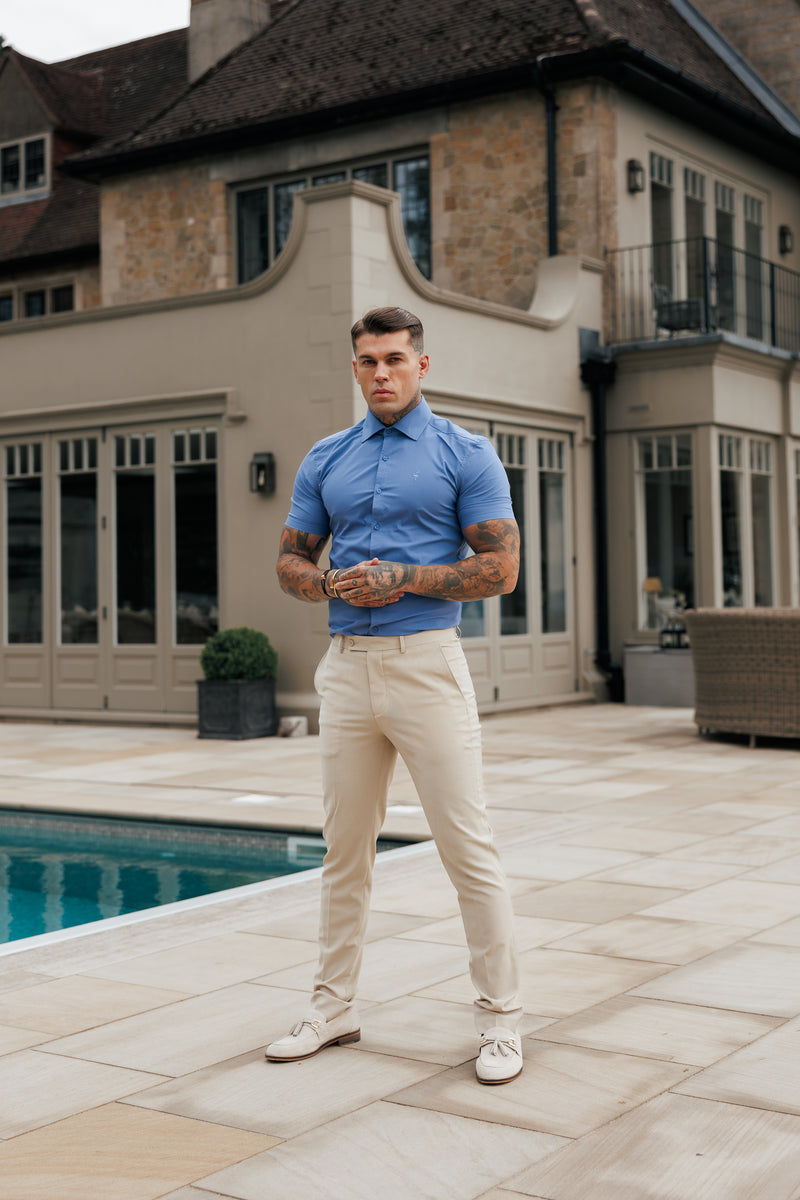 Vater-Söhne-Muscle-Fit-Shirt mit fortschrittlichem Stretch, mittelblau, kurzärmlig, mit Cutaway-Kragen – FS1203