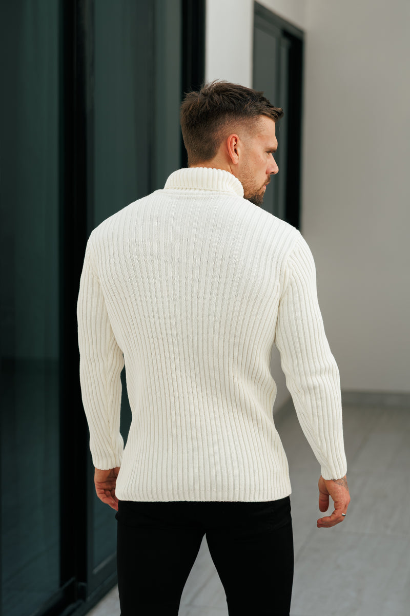 Cremefarbener Rollkragenpullover aus Rippstrick für Vater und Sohn – FSJ114 (VORBESTELLUNG 12. NOVEMBER)