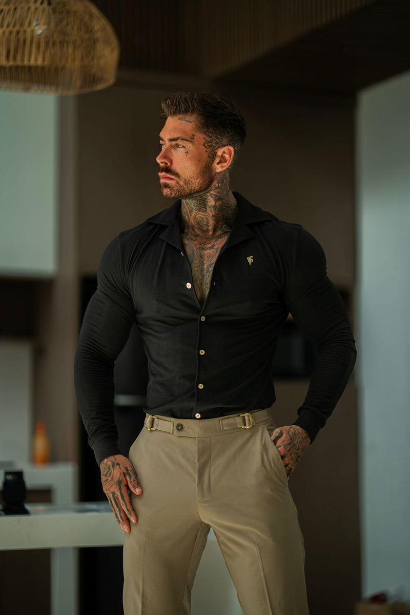 Vater-Sohn-Stretch-Langarmhemd mit Revers, schwarz, Piqué - FSH1207