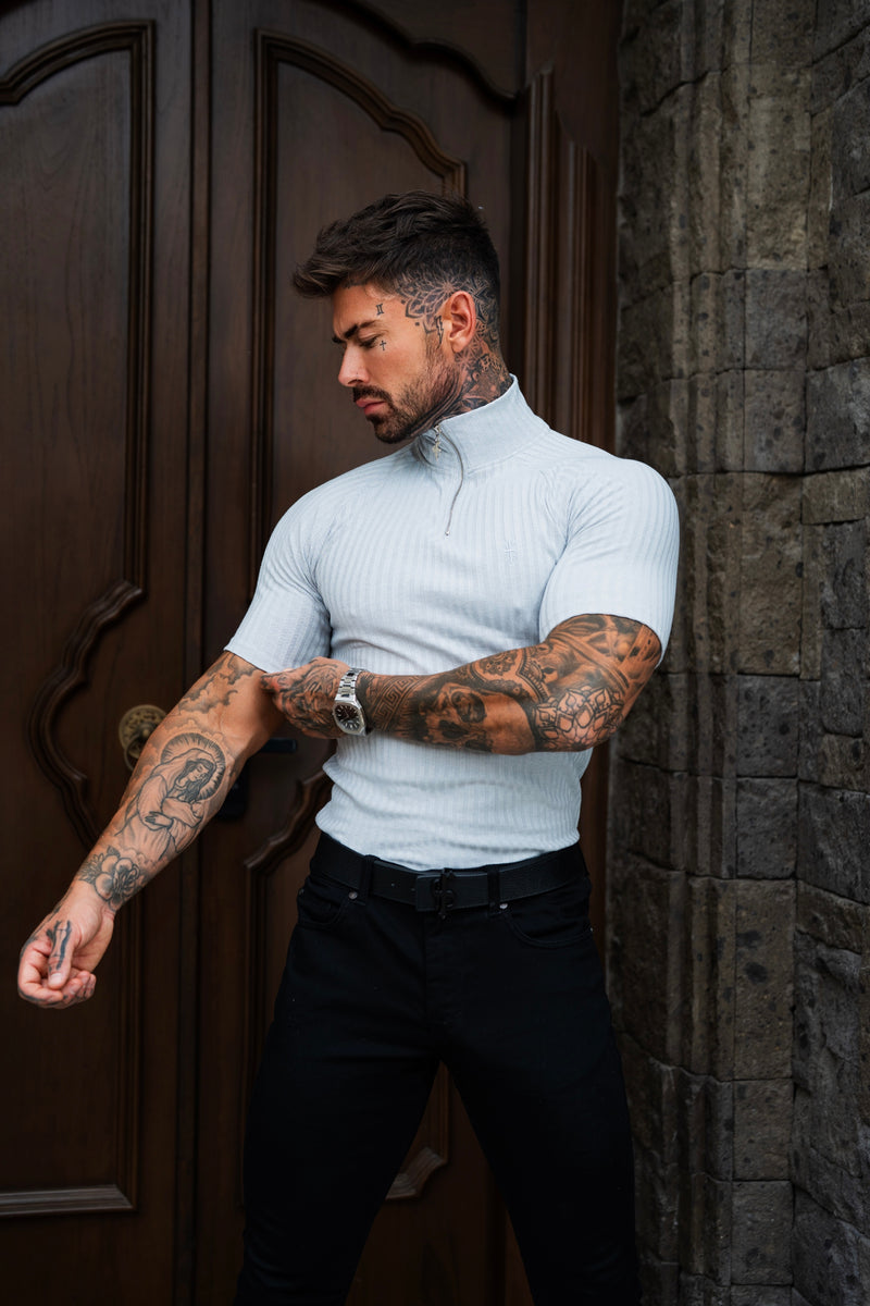 Father Sons Klassisches hellgraues geripptes Raglan-Shirt mit Reißverschluss und Stehkragen, kurzärmligem Rundhalsausschnitt – FSH1287