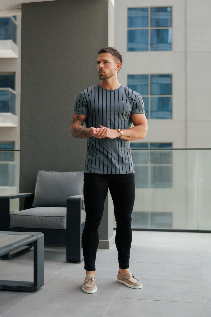 Father Sons Printed Charcoal / Black Stripe Fitted T Shirt - FSH1375