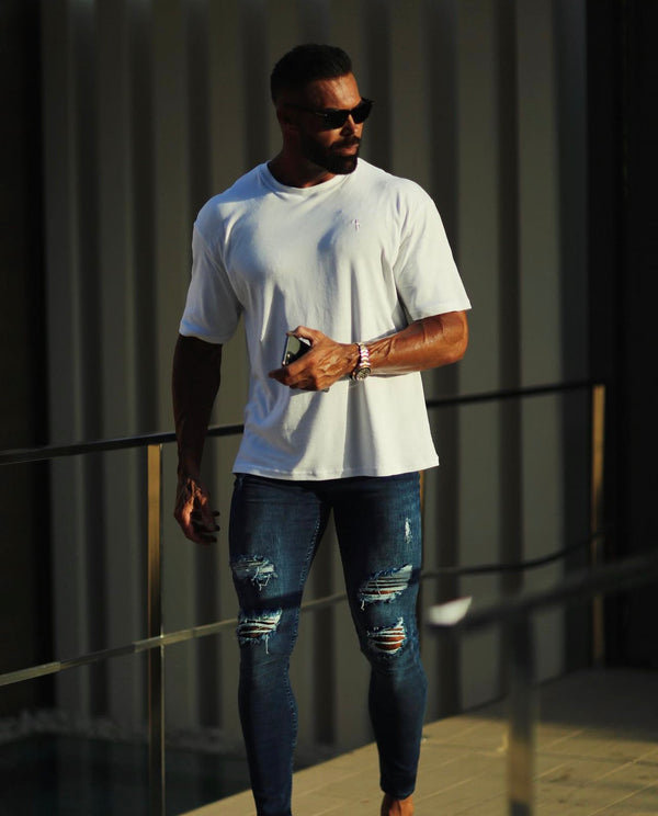 Father Sons Ultra Stretch Navy Slim Jeans mit Distressed Rips – FSJEAN006