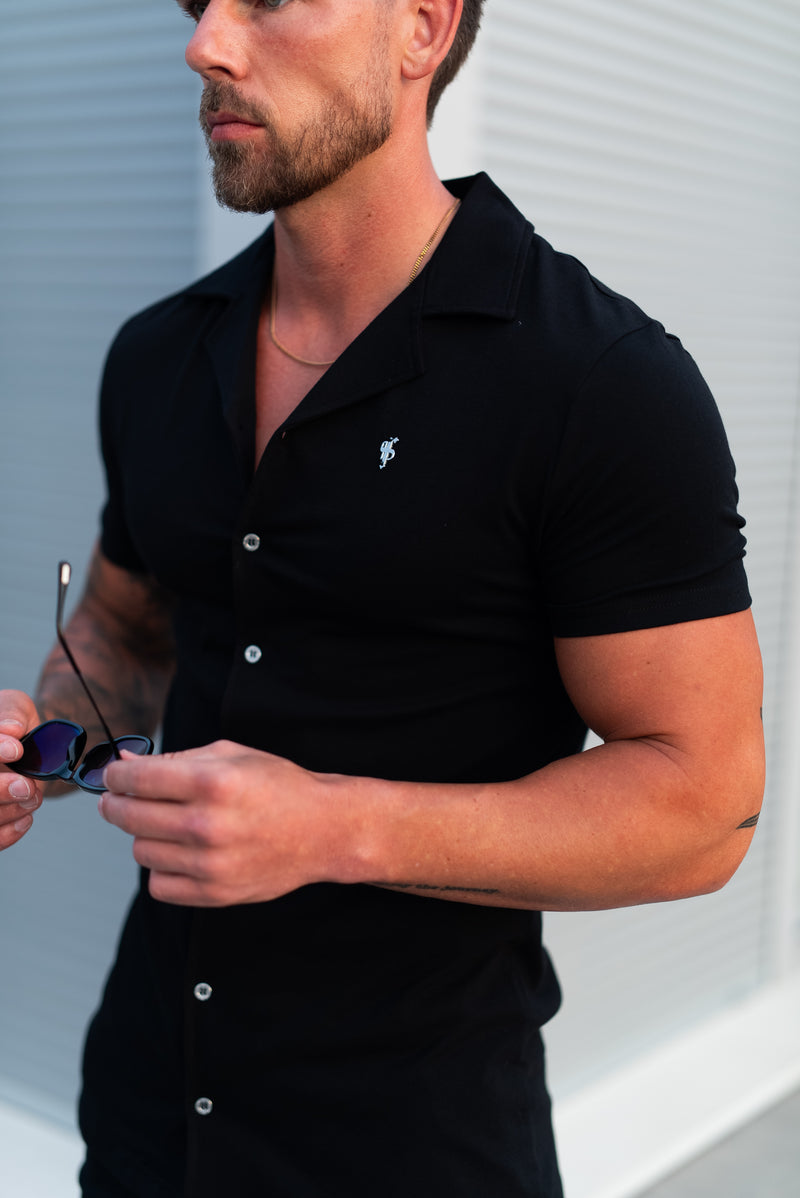 Father Sons Stretch Black / Silver Pique Revere Shirt Short Sleeve - FSH1355 (PRE ORDER 10TH AUGUST)
