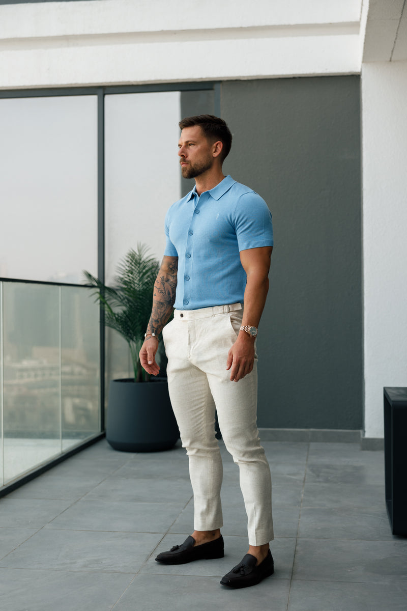 Father Sons klassisches schlichtes hellblaues Strick-Poloshirt mit Knopfleiste und kurzen Ärmeln – FSN161