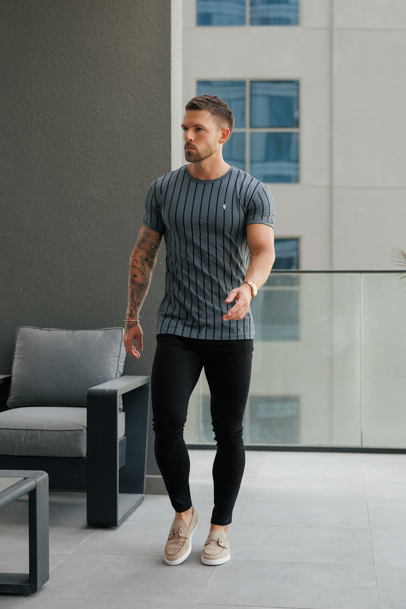 Father Sons Printed Charcoal / Black Stripe Fitted T Shirt - FSH1375