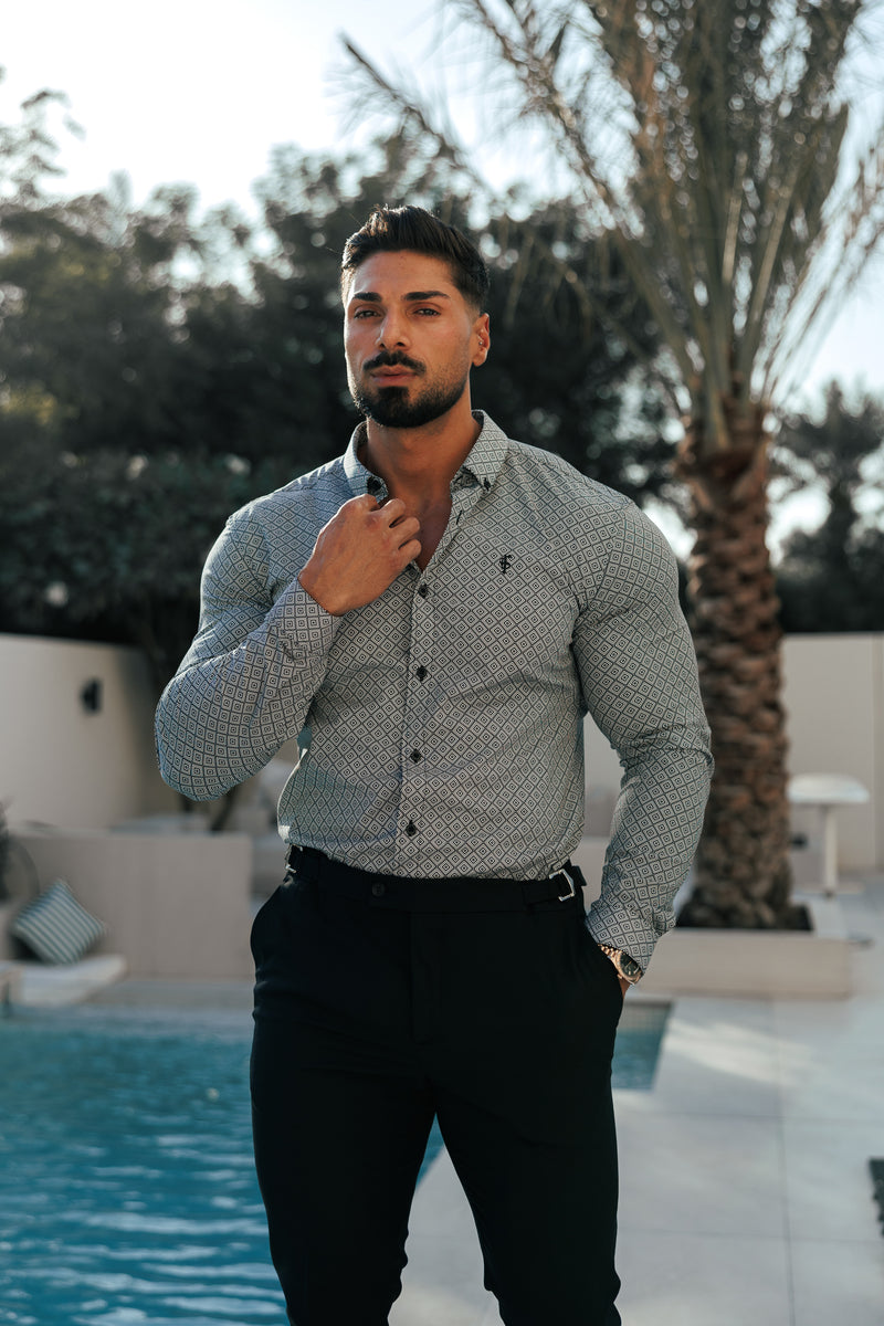 Vater-Söhne-Shirt, superschlank, dehnbar, schwarz/weiß, langärmlig, mit Rautenmuster und Button-Down-Kragen – FS1226