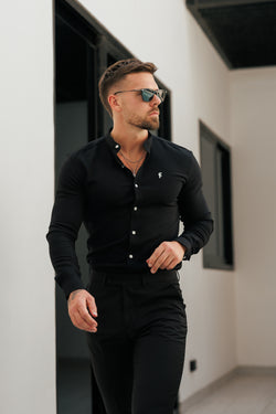 Vater-Söhne-Shirt, superschmal, Scuba, schwarz/silber, langärmlig, Stretch, mit Grandad-Kragen – FS1191