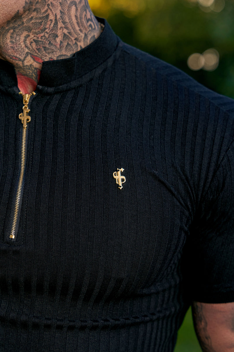 Father Sons Classic Schwarz / Schwarz geripptes Hemd mit goldenem Reißverschluss und Grandad-Kragen, kurze Ärmel – FSH914