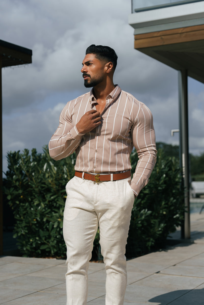 Father Sons Super Slim Stretch Taupe bedrucktes, breites Streifen-Langarmshirt mit Button-Down-Kragen – FS1065 