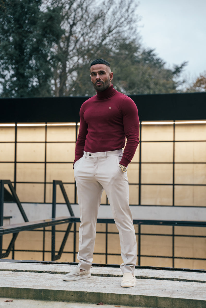 Father Sons klassischer weißer Rollkragenpullover aus Merinowolle mit FS-Stickerei – FSN018