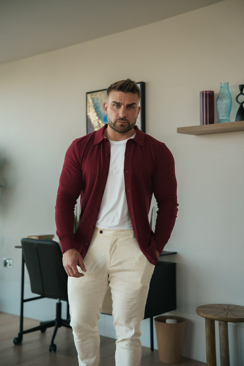Father Sons klassisches schlichtes weinrotes Strick-Poloshirt mit Knopfleiste und langen Ärmeln – FSN214