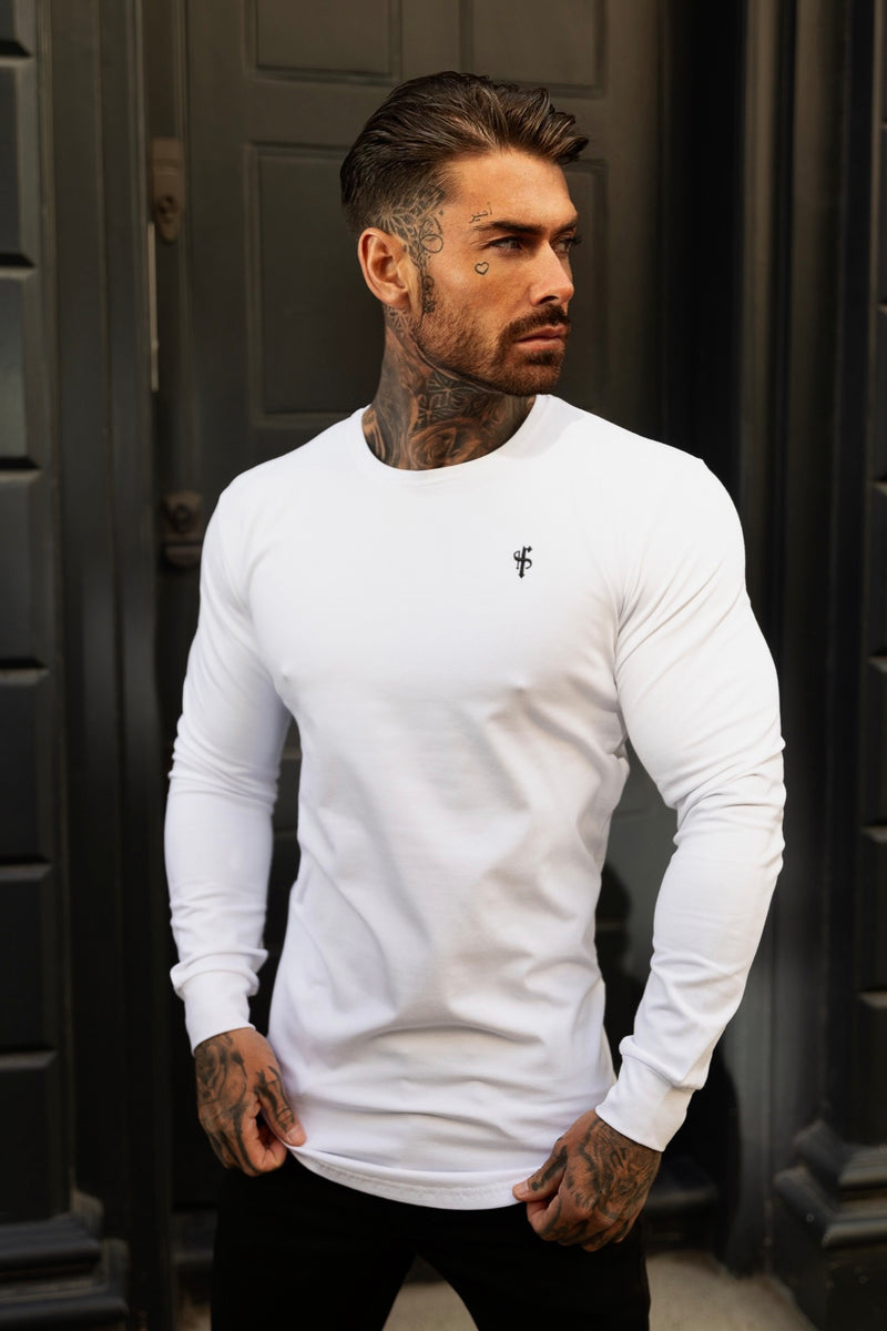 Father Sons Classic White / Black Tonal Curved Hem Long Sleeve Crew T Shirt - FSH996