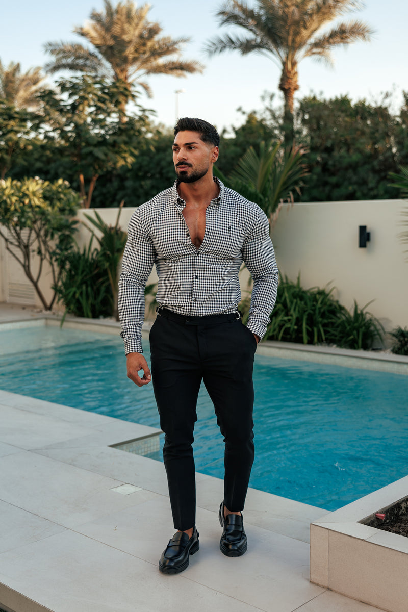 FS Super Slim Stretch Weiß / Schwarz Karo Langarm mit Knopfleiste - FS1069