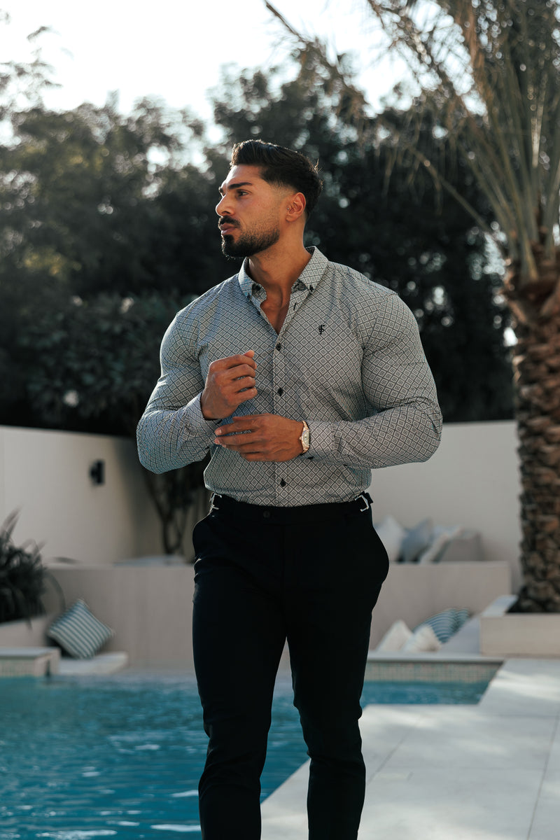 Vater-Söhne-Shirt, superschlank, dehnbar, schwarz/weiß, langärmlig, mit Rautenmuster und Button-Down-Kragen – FS1226