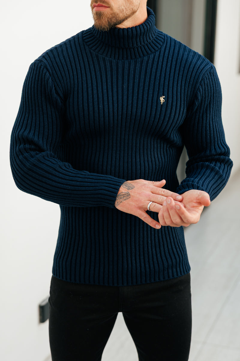 Marineblauer Rollkragenpullover aus Rippstrick für Vater und Sohn – FSJ115 (VORBESTELLUNG 12. NOVEMBER)