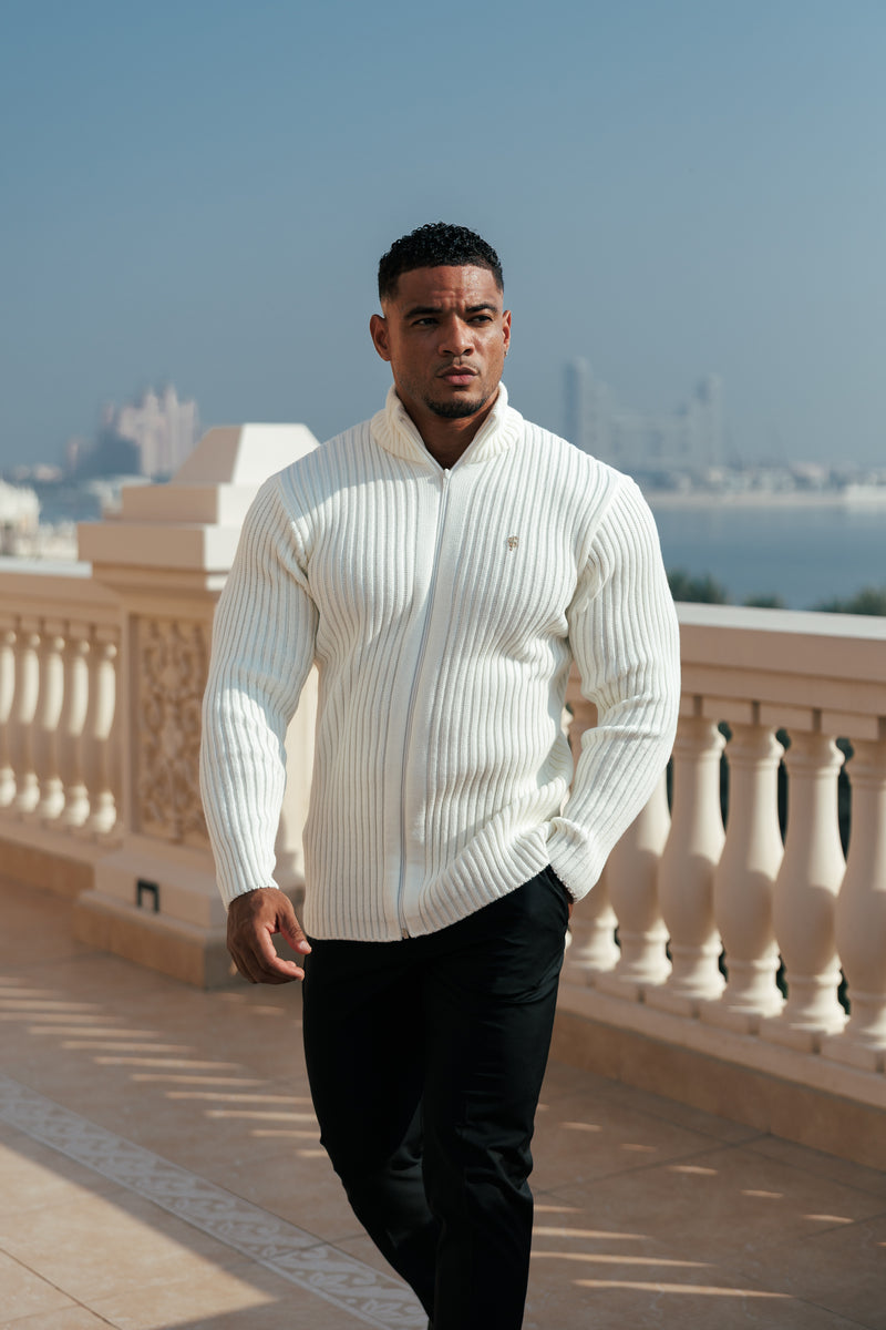 Father Sons Chunky Cream Ribbed Zipped Cardigan with Gold Emblem- FSJ096