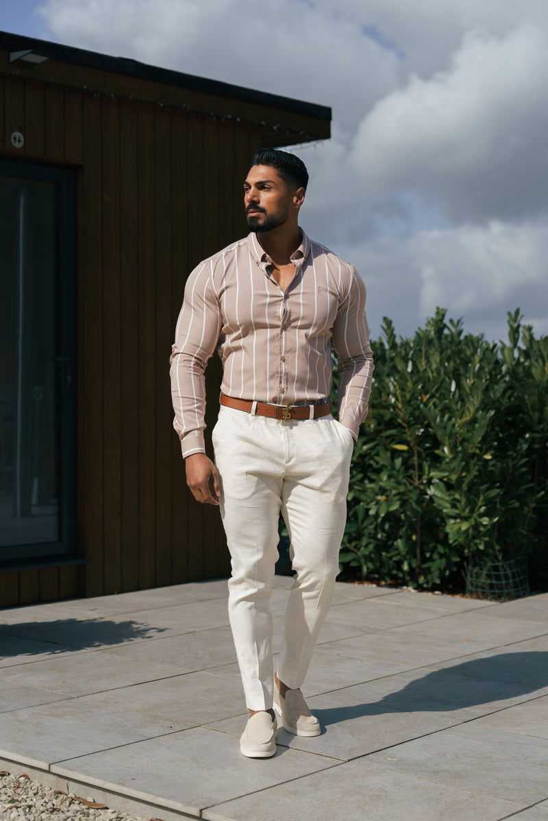 Father Sons Super Slim Stretch Taupe bedrucktes, breites Streifen-Langarmshirt mit Button-Down-Kragen – FS1065 