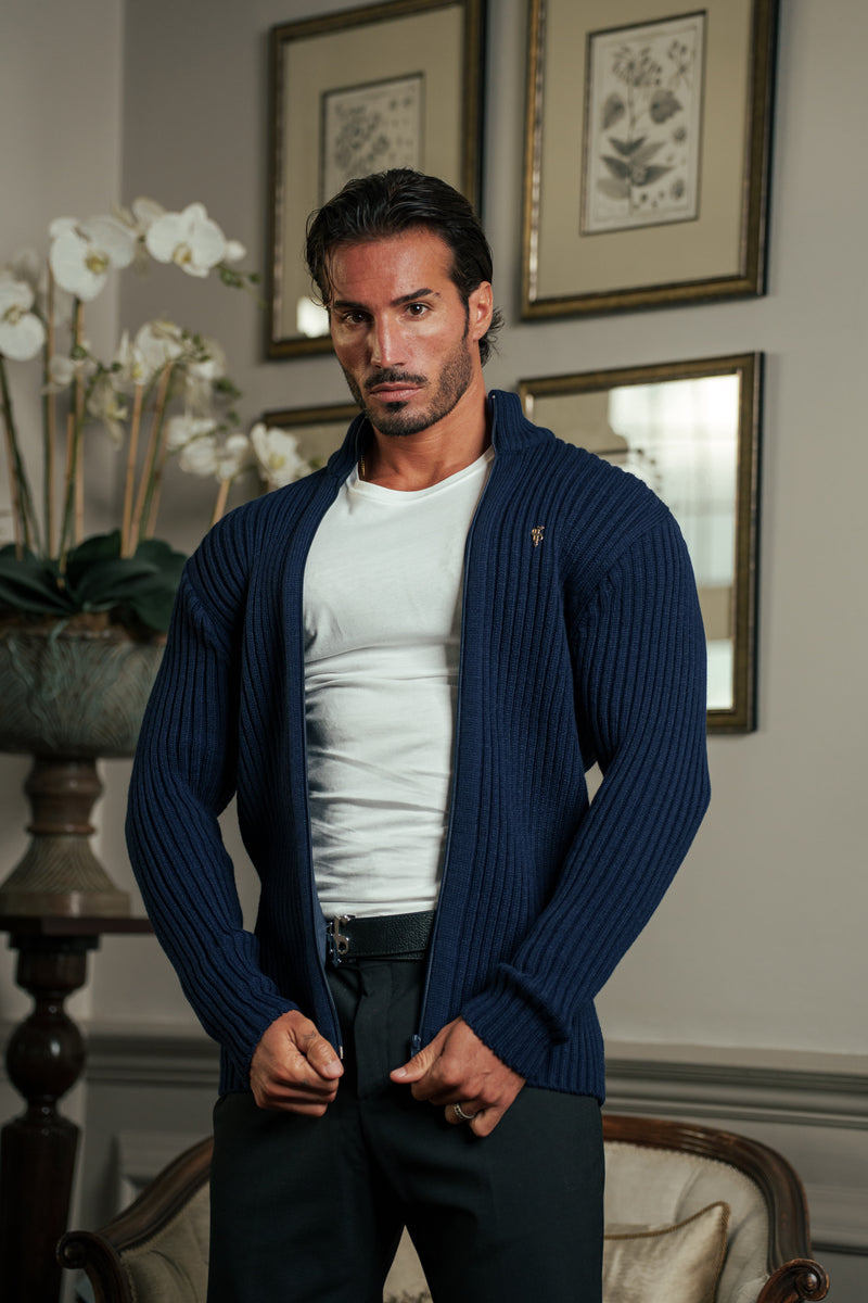 Father Sons Chunky Navy Splash Ribbed Zipped Cardigan with Gold Emblem- FSJ098