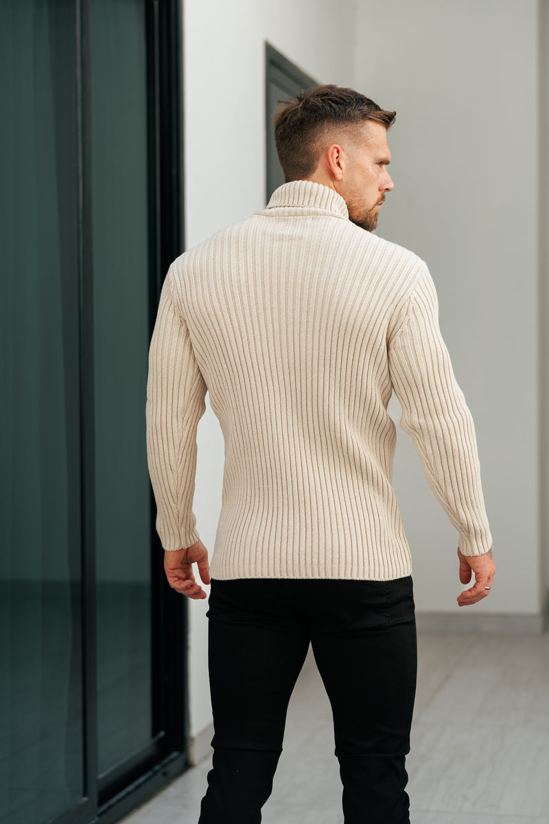 Beigefarbener Rollkragenpullover aus Rippstrick für Vater und Sohn – FSJ112 (VORBESTELLUNG 12. NOVEMBER)