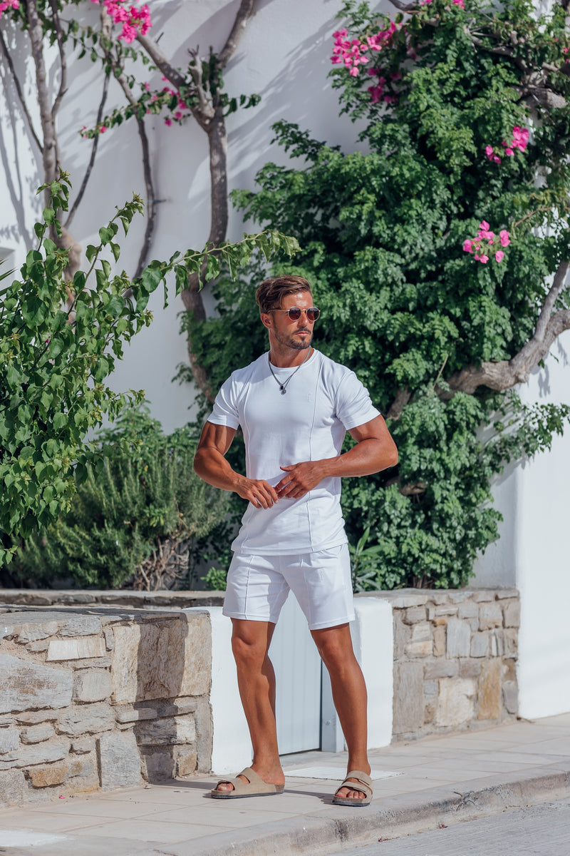 Weißes Rundhals-T-Shirt mit Biesendetail für Vater und Sohn – FSH1047
