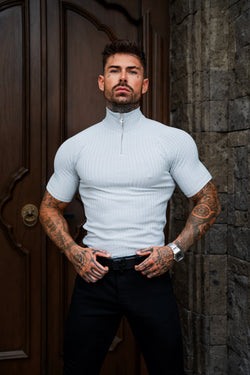 Father Sons Klassisches hellgraues geripptes Raglan-Shirt mit Reißverschluss und Stehkragen, kurzärmligem Rundhalsausschnitt – FSH1287