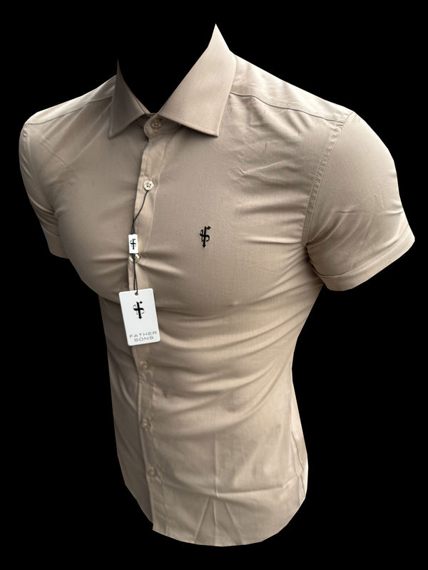 Vater Söhne Super Slim Stretch Beige Kurzarm mit Cutaway Kragen - FS1161