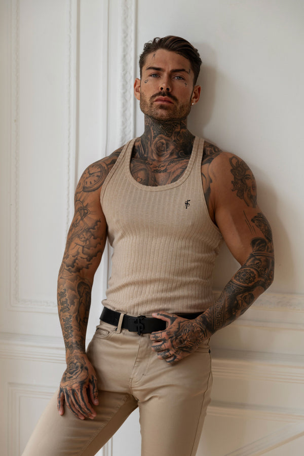 Klassische, superschmale Weste aus Rippstrick in Beige/Schwarz für Vater und Sohn – FSH1324