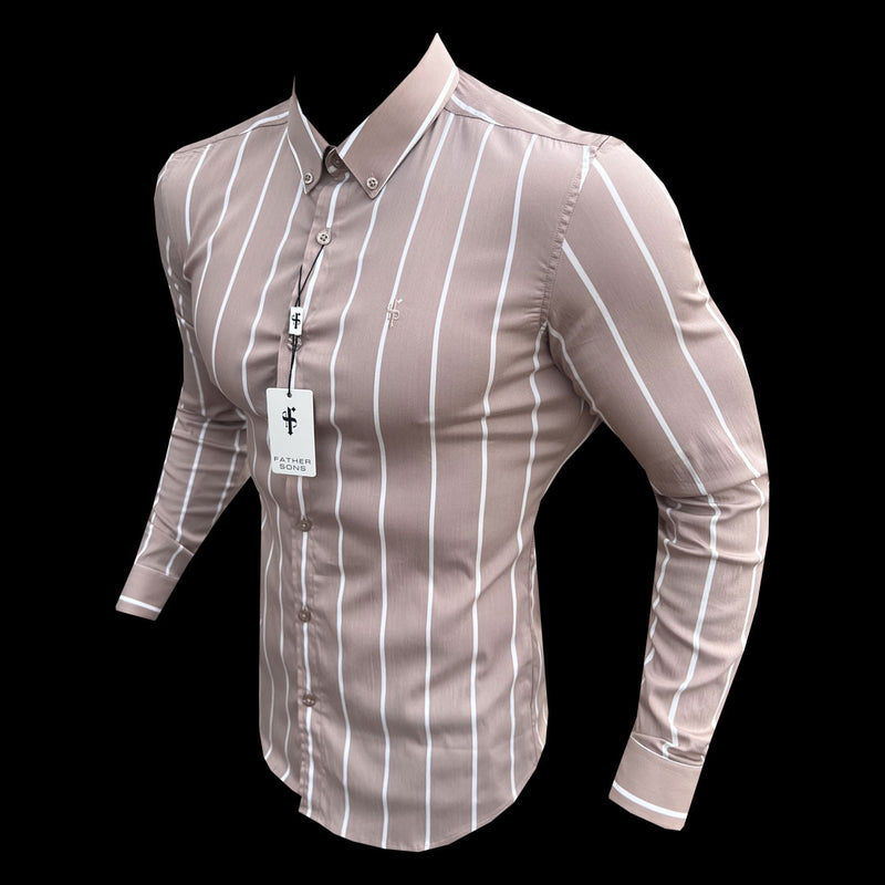 Father Sons Super Slim Stretch Taupe bedrucktes, breites Streifen-Langarmshirt mit Button-Down-Kragen – FS1065 