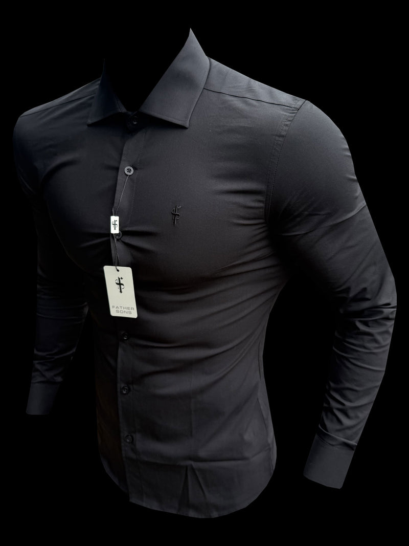 Vater-Sohn-Muscle-Fit-Hemd mit erweitertem Stretch-Haifischkragen in Schwarz – FS1164