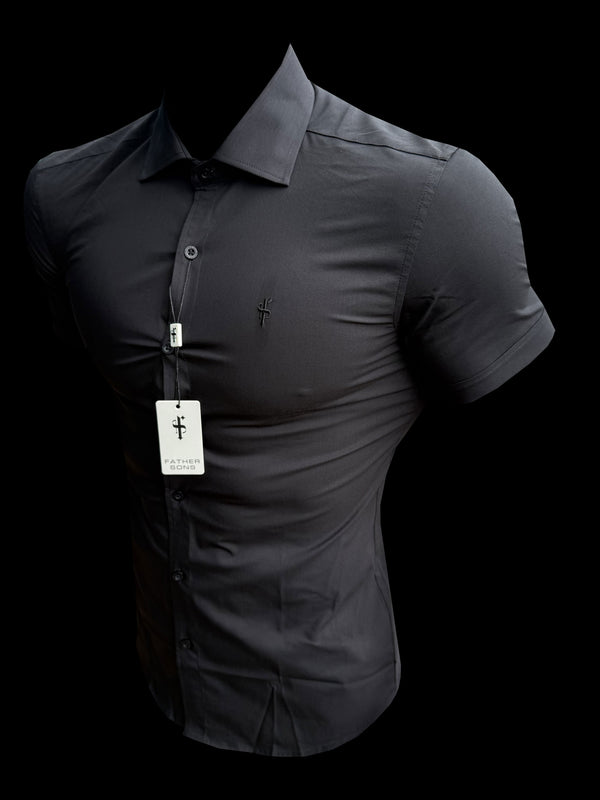 Vater-Sohn-Shirt, superschlank, Stretch, schwarz, kurzärmlig, mit Cutaway-Kragen – FS1159